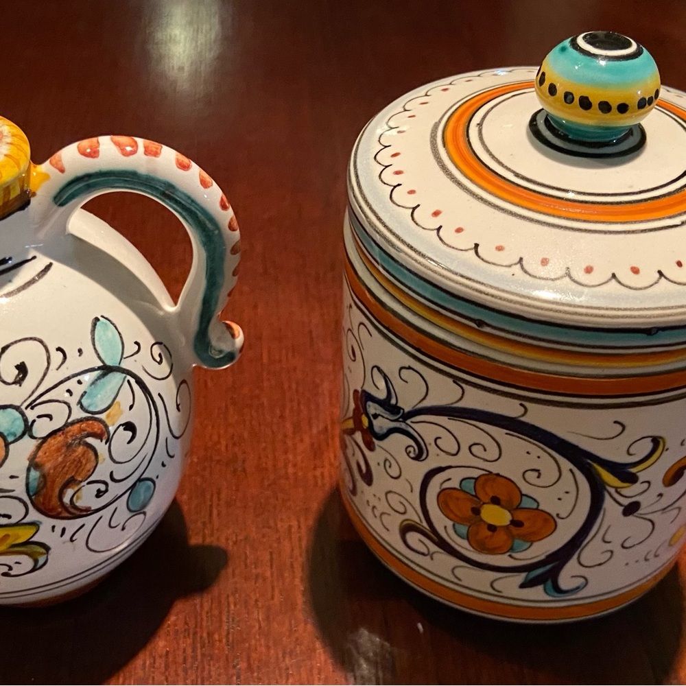 Grazia Deruta Italian sugar bowl and vinegar cruet set Set, Signed